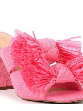 Gianni Bini Pink Raffia Tassel Block Heel Sandals
